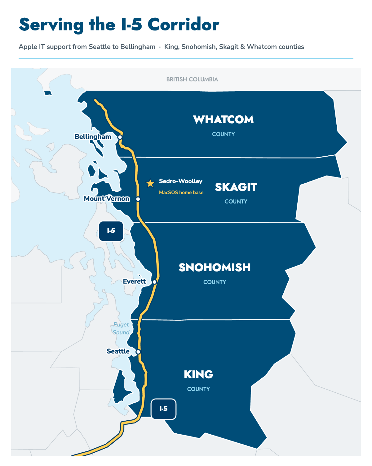 MacSOS Service Area Map – Seattle to Bellingham MacSOS service area map: King, Snohomish, Skagit and Whatcom counties along I-5 from Seattle to Bellingham